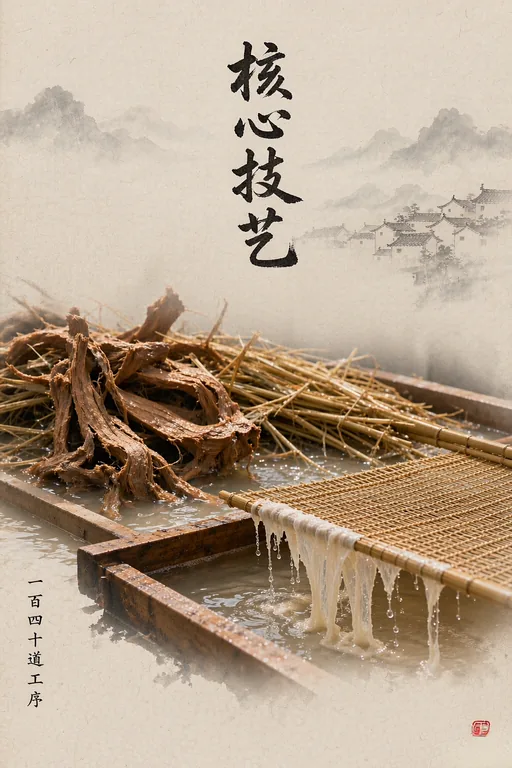核心技艺——青檀皮、稻草与竹帘 · 一百四十道工序